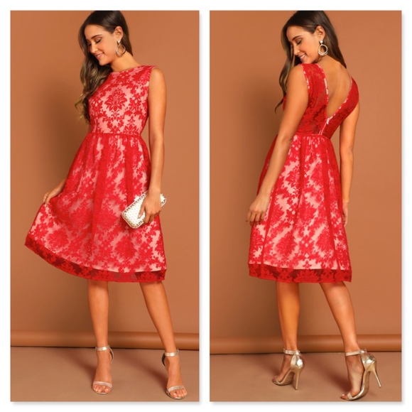 Rouge! Dresses & Skirts - Red Mesh Floral Damask Fit & Flare Dress